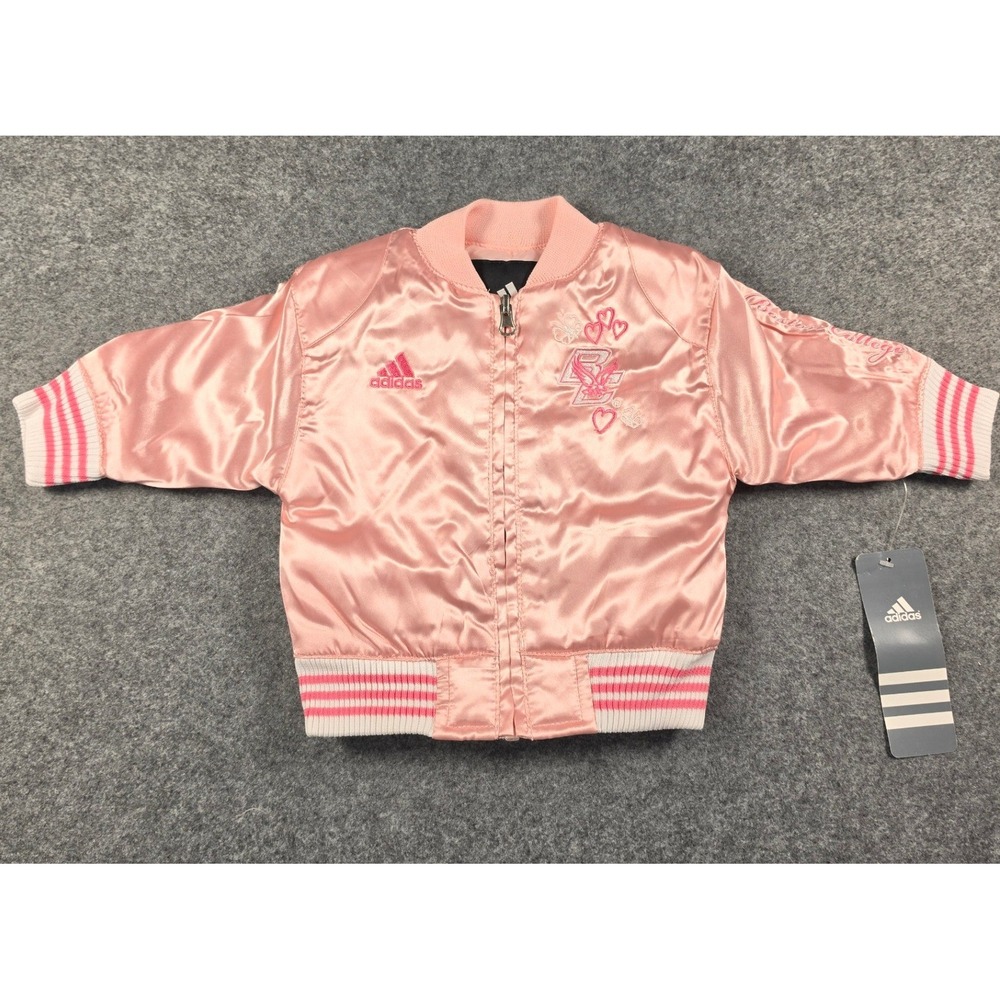 Adidas Boston College Eagles Pink Satin Bomber Jacket Infant Girls 6/9 Mo NEW